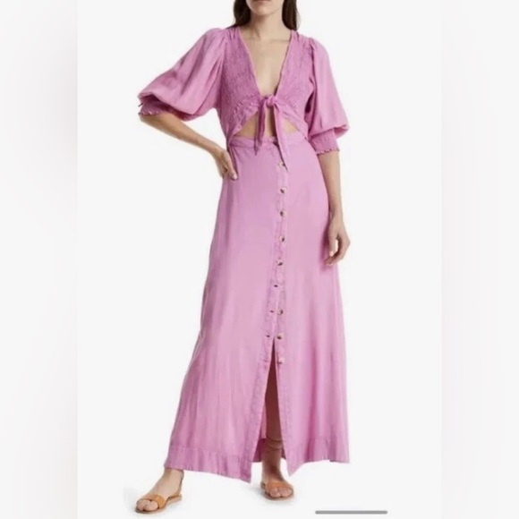 Free People String Of Hearts Maxi Dress Smocked V Neck Buttondown Cutout Size M